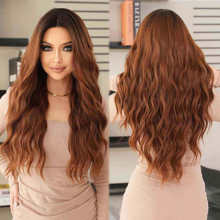 Brown center parted bangs synthetic hair with dark roots