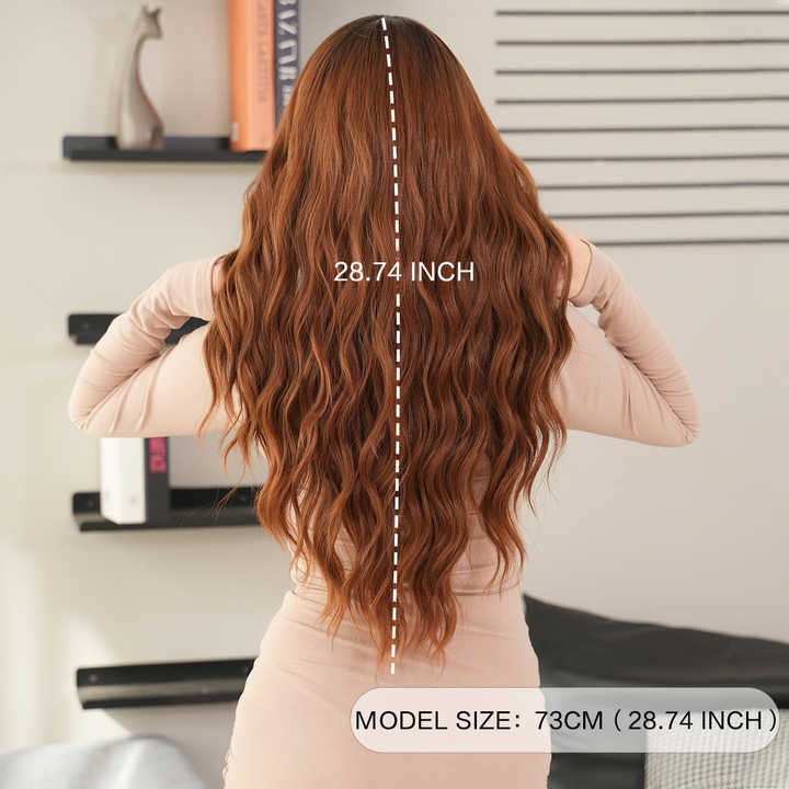 Brown center parted bangs synthetic hair with dark roots