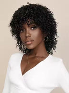 Short Curly Afro Wigs for Black Women, Soft & Natural Kinky Curly Wig, Glueless Synthetic Wig with Bangs, Natural Black Wig 16"