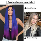 Purple Synthetic Wig 32 Inch Long Straight Center Parted Heat Resistant Fiber Wig