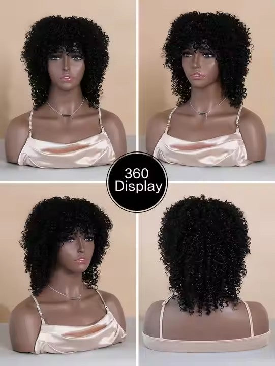 Short Curly Afro Wigs for Black Women, Soft & Natural Kinky Curly Wig, Glueless Synthetic Wig with Bangs, Natural Black Wig 16"